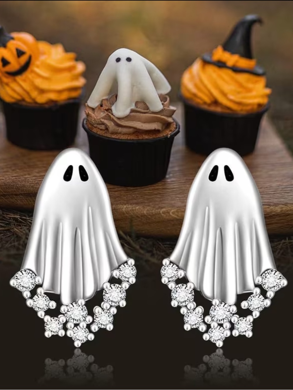 Silver Ghost Drop Earrings with Crystal Accent - Halloween Jewelry